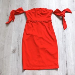 Red off the shoulder tie dress